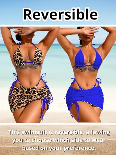 Image of ShawGobow Womens 3 Piece Leopard Bikini Set,Triangle String High Cut Thong Sexy Swimsuit & Coverup Skirt,Pool Party Outfit