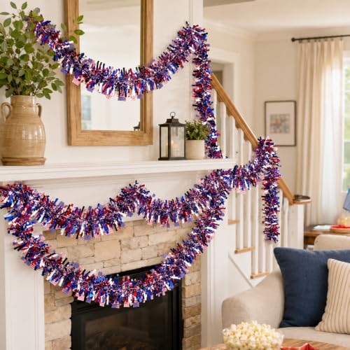 Image of Pack of 4 | 6.6 ft American Flags Tinsel Garland | Red White Blue Metallic Foil Fringe Banners Streamers for 4th of July, Memorial Day, Veterans Day, Independence Day, Parades, Patriotic Decorations