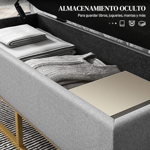 HOMCOM Baúl de Almacenaje para Dormitorio Puff de Almacenaje Tapizado de Lino Sintético con Tapa Abatible y Patas de Acero para Salón 110x44x48 cm Gris - imagen 4