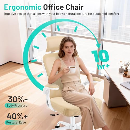 Image of AreShark Office Chair - Ergonomic Desk Chair Breathable Mesh Chair with 2D Headrest & Adjustable Lumbar Support - Executive High Back Rolling Swivel Computer Gaming Chair with Wheels Flip-up Armrests