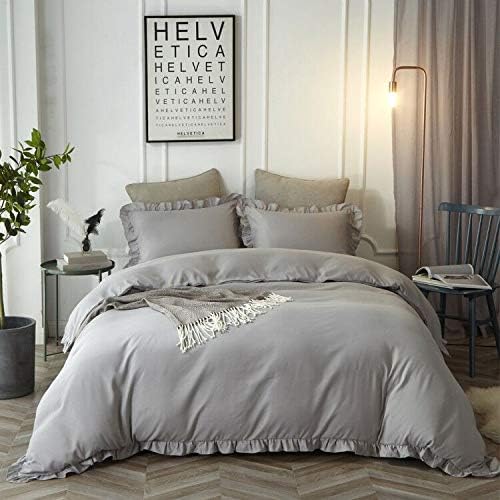 Hyprest 3 Pcs Duvet Cover King Size -Grey Duvet Cover Ruffled Comforter Cover Bedding Set With Exquisite Flouncing Duvet Quilt Cover King Size