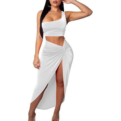 BEAGIMEG Women's Sexy One Shoulder Long Bodycon Slit Skirt 2 Pieces Dress