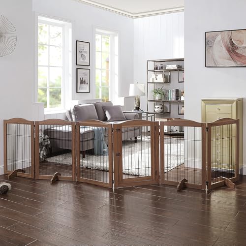 unipaws Pet Playpen with Wood and Wire, 6 Panels Extra Wide Freestanding Walk Through Dog Gate with 5 Support Feet, Foldable Stairs Barrier Pet Exercise Pen for Dogs Cats - Image 3