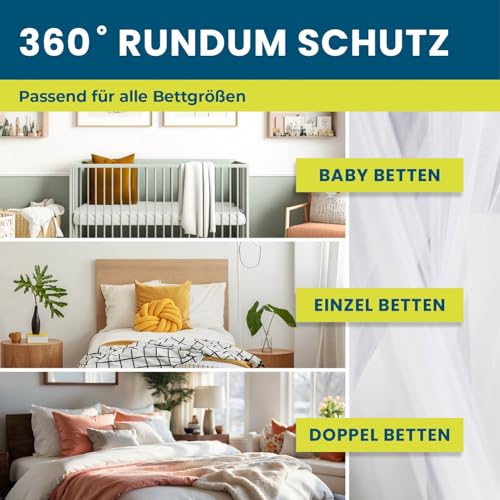 HOBERG Moskitonetz Reise | XXL Mückennetz Bett für Kinderbett, Einzel- & Doppelbett | Outdoor Moskitozelt 400 Mesh für Balkon | Insektenschutz Baldachin zum Kleben oder Bohren - mit Spannring 60 cm Ø