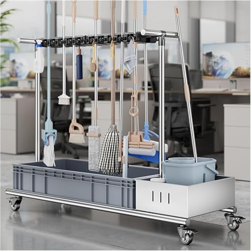 Soporte para fregona y escoba con ruedas, carrito de suministros de limpieza, organizador de cubo de fregona, armario de almacenamiento de herramientas de jardín, soporte para paraguas para el hogar