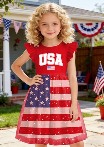 Image of Girls 4th of July Dress American Patriotic Outfit USA Independence Day Clothes Flutter Sleeve Tulle Tutu Dress 5-14y