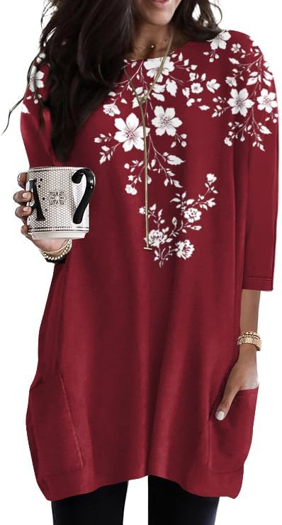 Poetsky Womens 3/4 Sleeve Tunics or Tops to Wear with Leggings Long Shirts Blouses with Pockets S-3XL