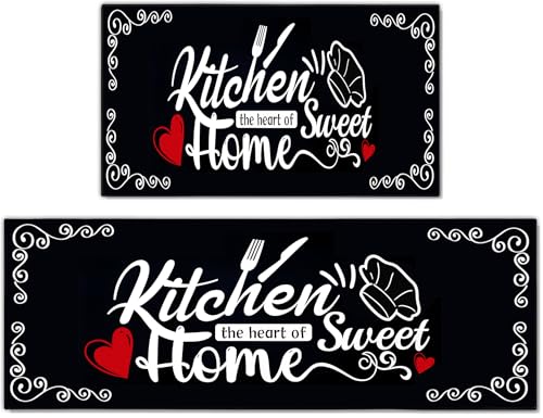 ALXRLXR Farmhouse Kitchen Rules Rug 2 Piece Set, Black and