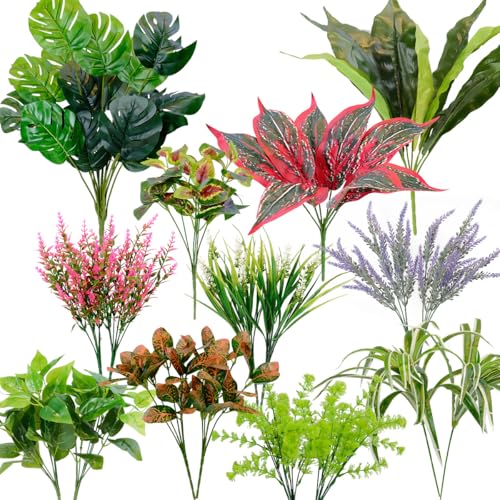 OTATOT 18PCS Outdoor Artificial Plants UV Resistant, Tropical Fake Flower Bushes, Mixed Faux Outdoor Greenery for Outside Planter Box, Porch, Balcony, Garden or Indoor Décor