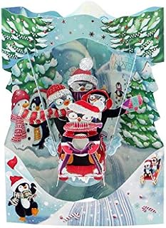 SANTORO Swing Card, Christmas 3D Pop Up Greeting Card - Sledging Penguins - For Kids, Family, Christmas, Festive