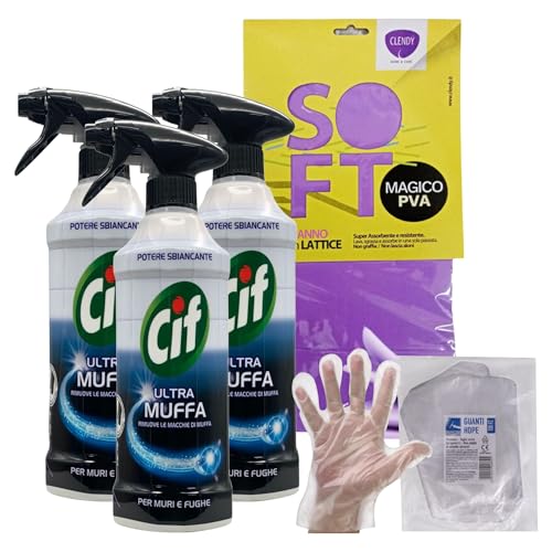 Set Pulizia: Ultra Muffa, Spray Antimuffa, Formato 500 ml, Spray Detergente + Panno In Lattice + 100pz Guanti HDPE Monouso, Taglia Unica (3 Flaconi + 1 Panno Lattice + Guanti Monouso)