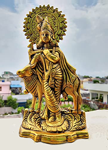 Image of Wonder Care Lord Krishna Statue with Cow Janmashtami| Krishna Statue Figurine with murli Bansi - Antique Hindu Gopal Idol for Indian Religious-Krishna Idol.