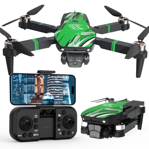 Green and black foldable drone with a 1080P HD camera, remote controller, and smartphone displaying aerial footage, showcasing features relevant to the best drones with cameras guide.