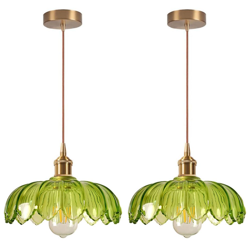 Lots de 2 Lustre Luminaire en Verre Vert Rétro Suspension Créativité Fleur Décoration E27 Éclairage de Plafond Laiton Intérieure Suspendues Pour Salon Salle à Manger Chambre