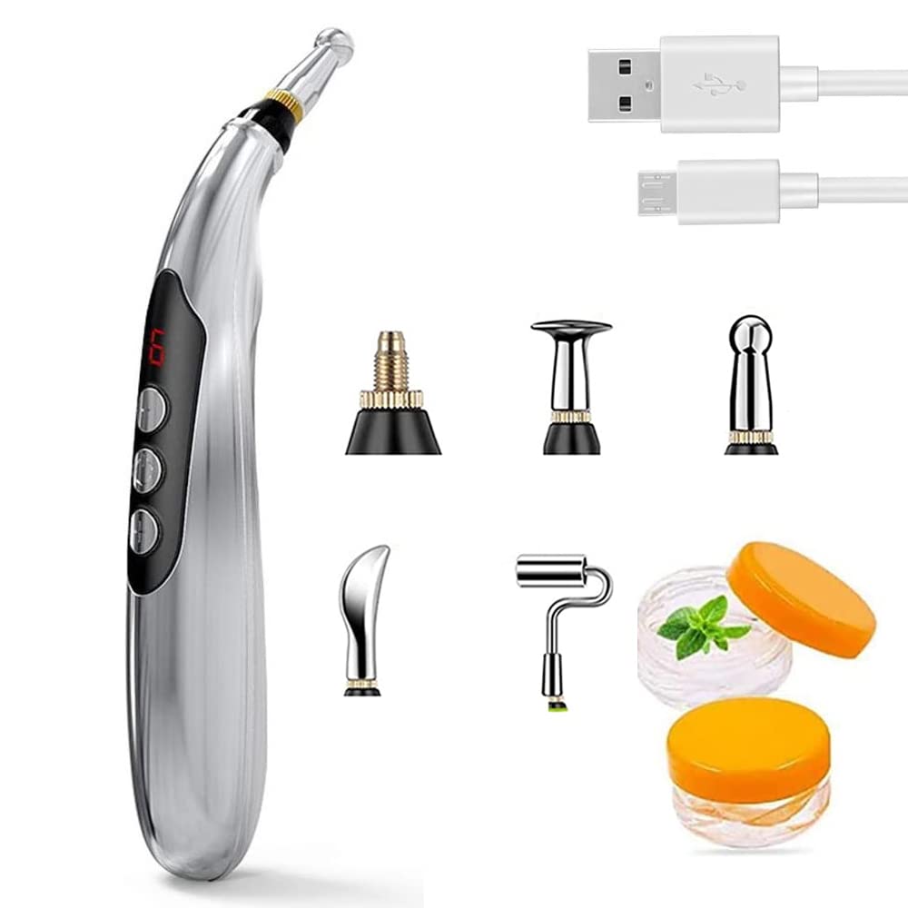 Akupunkturstift, 5-in-1 Leistungsstarker Meridian-Energiestift zur Schmerzlinderung mit 3 Massageköpfen, USB wiederaufladbar (inklusive Massagegel)