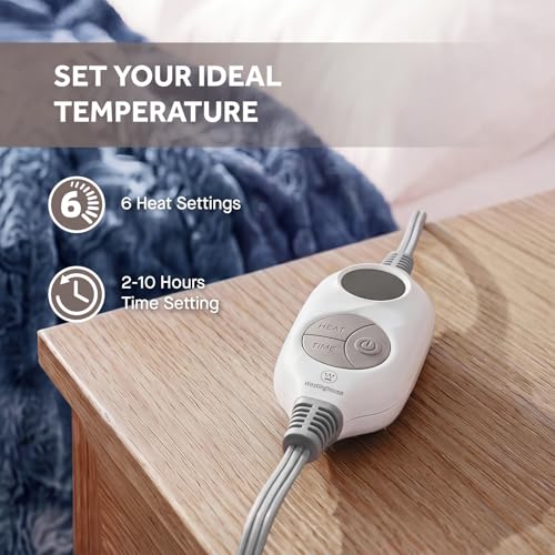Image of Westinghouse Electric Heated Throw Blanket, Faux Fur with 6 Heating Levels & Auto Off, Soft Cozy Sherpa Washable Blanket (50 inch x 60 inch, Indigo)