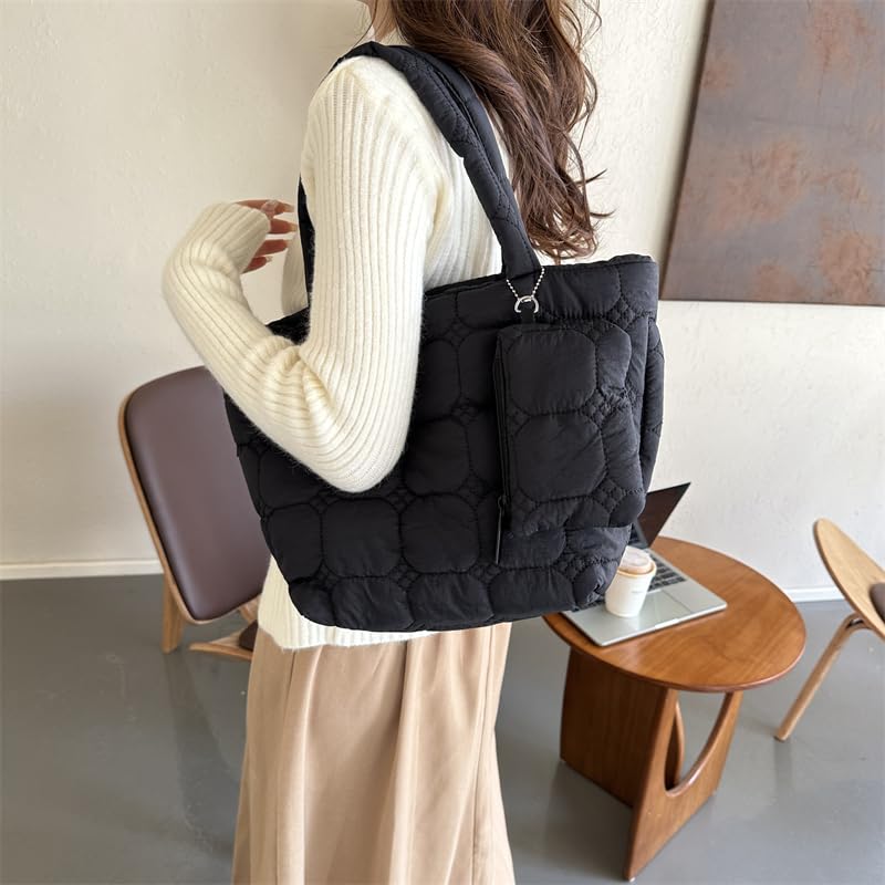 Fiorky Frauen 2pcs Puffer Tote Bag Winter Umhängetasche mit Münze Tasche Reißverschluss Hobo Bag