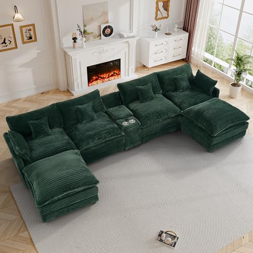 Image of 145 inch Oversized U Shaped Modular Sectional Sofa with Ottoman, Comfy Fluffy Soft Corduroy, Large Cloud Couch with USB Port, Cup Holder and Storage Central Console for Living Room, Green
