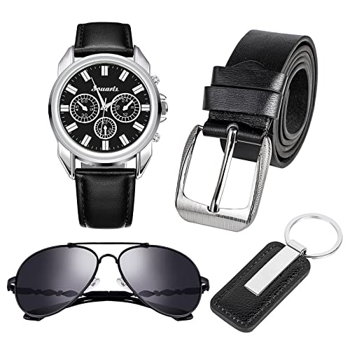 Souarts Watch Set Gift for Men, Watch Set for Men Artificial Leather Watch+Belt+Keychains+Sunglasses Gift Set Black (Black, L)