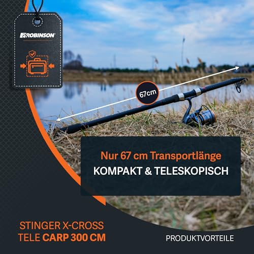 Robinson Angelrute - Teleskoprute Karbon - Kompaktes Transportmaß - Robuste Ringe - Rutschfester Rollenhalter - Leicht und widerstandsfähig - Stinger X-Cross Tele