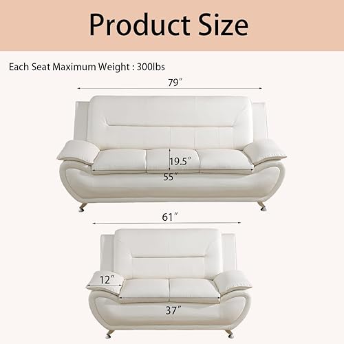 Miniatura 2 de Conjunto de sofá de cuero blanco moderno - 3 plazas + 2 plazas, sofá individual adecuado para sala de estar contemporánea, estilo claro, material y