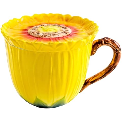 Beddinginn Ceramic Tea Cup Coffee Mug for Office and Home, Hand Painted Sunflower Art Tea Mug with Lid, Dishwasher and Microwave Safe- 12.8OZ Cover