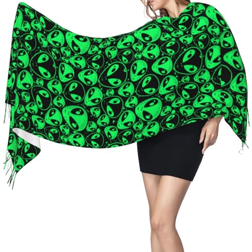 Scarf For Women Green Alien Pattern Pashmina Shawl Wraps For Women Travel Scarves Evening Dresses With Tassels3