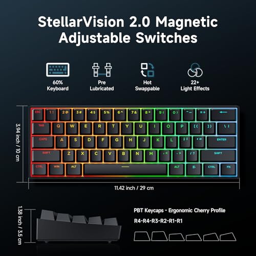 Image of MCHOSE Ace 60 PRO Gaming Keyboard 60 Percent, Hall Effect Keyboard Wired, Magnetic Switch Keyboards Rapid Trigger, 8K Polling Rate, Adjustable Actuation Point, RGB Lighting, HotSwap, Black