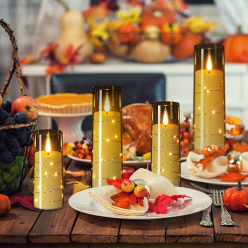 Image of Flameless Candles with Remote Timer, Embedded String Lights Candles Acrylic Flickering, Battery Operated LED Pillar Candles, 4 Pcs Unbreakable Plexiglass, Black, 2.3x5 /6 /7 /8 inches