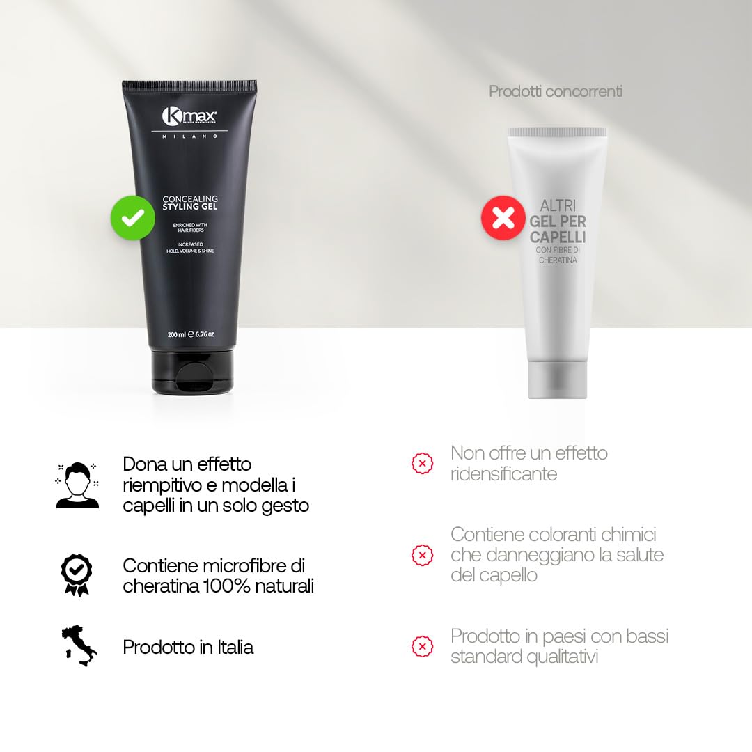 Kmax Gel capelli con fibre di cheratina effetto volumizzante 200ml, Gel colorato per capelli diradati, Gel per capelli Uomo e Donna - Castano Medio