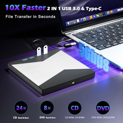 Image of Wbacon External CD /DVD Drive for Laptop, USB 3.0 & 4 USB Ports CD Drive