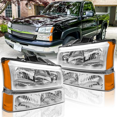 Headlights and Taillights Assembly Combo Kit for 2003-2006 Chevy Silverado 1500 2500 3500 - 2007 Chevy Silverado Classic Replacement Head/OE Factory Style Red Rear Brake Tail Lights Lamps,Chrome Amber - Image 4