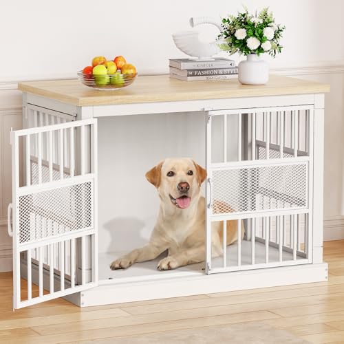 Hundekäfig Möbel, 104 cm Großer Hundebox für den Hausgebrauch, Modernes Indoor Holz-Hundekäfig, Doppel-Tür-Design, Bissfest, Geeignet für Kleine/Mittelgroße/Große Hunde, Weiß, 104x51x78 cm