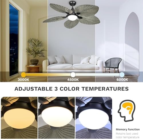 DWVO 52" Indoor Ceiling Fan with Light Kit & Remote - Tropical Palm Leaf Blades, Reversible Quiet DC Motor, 6-Speed Settings for Bedroom, Living Room, Dining Room