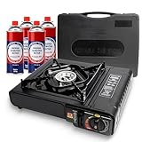 BESCH Hornillo de Gas Portátil para Acampada con Maletínn + 4 Cartucho de Gas Butano - Estufa de Camping con Protecc'on contra Sobrecalentamiento Compatible con Cartuchos de Gas Butano