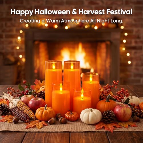 Image of Raycare Orange Halloween Battery Operated Flameless LED Candles with Remote | Acrylic Warm Lighting, Autumn Atmosphere for Halloween Party, Thanksgiving Dinner, Fall Harvest Festival Home Decor, Set of 5
