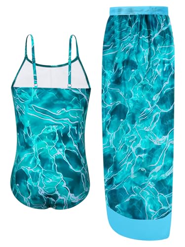 Image of Girls One Piece Swimsuit with Cover Up Wrap Skirt Set Teen Girl Tropical Two Piece Bathing Suit Beach Surf Swimwear