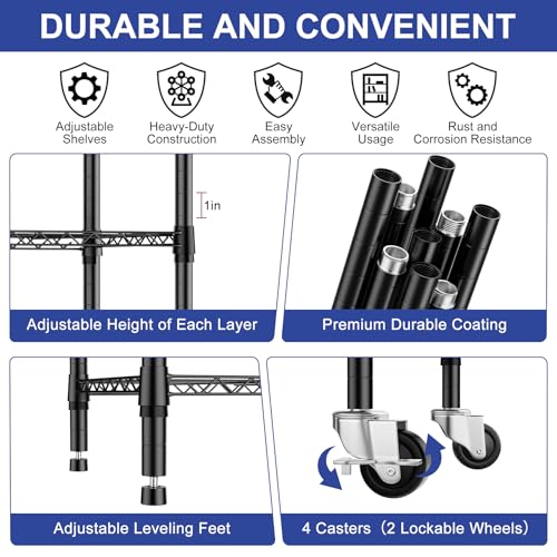 5 Tier Shelving Unit Wire Rack, Heavy Duty Adjustable Shelf Rolling Storage Shelves with Wheels, 14" D x 30" W x 60" H 750 lbs Capacity Kitchen Garage Pantry Shelves for Small Spaces - Image 6