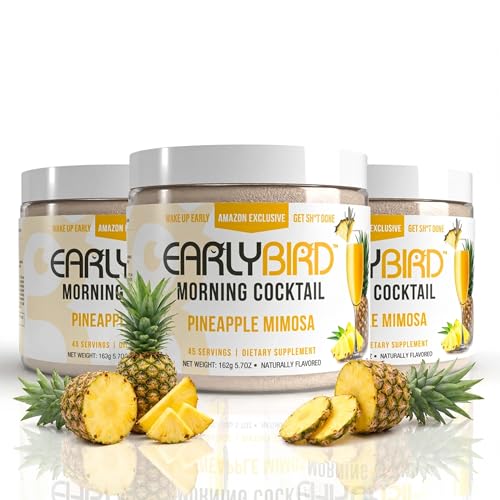 EarlyBird Energy Drink Powder, Morning Cocktail Pineapple Mimosa, Zero Sugar Electrolytes with Amino Acids, Electrolytes Powder & Caffeine Drink Mix for Morning Energy, Focus & Hydration, 45 Servings