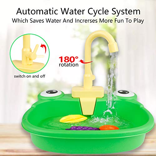 Ruibytree Play Kitchen Sink Toy, Water Toys for Kids with Electronic Dishwasher, Pretend Play Utensils Accessories and Play Cutting Food for Boys and Girls (Cute Frog) - Thumbnail 4