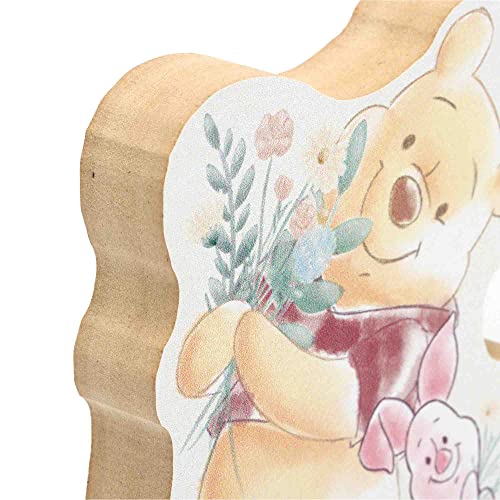 Image of Disney Winnie the Pooh and Piglet with Flower Bouquet Shelf Sitter Decor | Chunky Wood Block Decoration for Home or Office