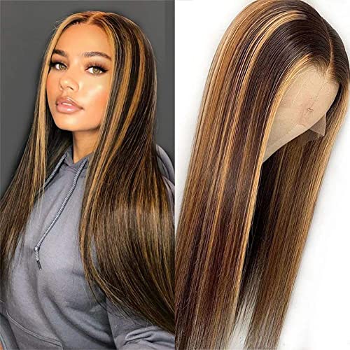 4/27 Highlight Wig Brazilian Straight Human Hair Wigs Ombre Brown Honey Blonde 13X6x1 Lace Front Wig 150% Density Highlight Glueless Lace Front Human Hair Wigs for Black Women 18 inch