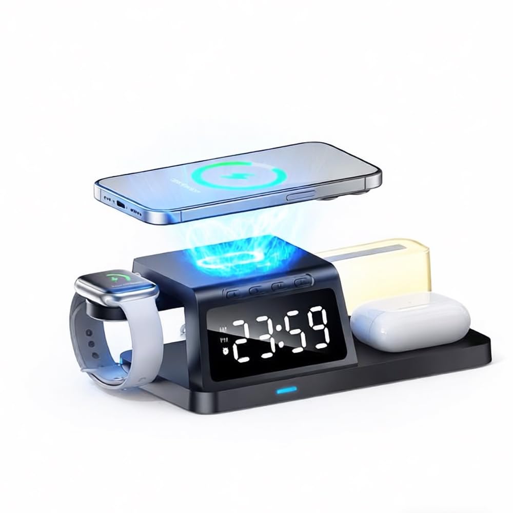 IHAO 6in1Digital Alarm Clock with Wireless Charging Station Night Light 15W Fast Charging for Qi Phone Headphone Bracket for iWatch Charger LED Display Dimmable Brightness-HT309 Black