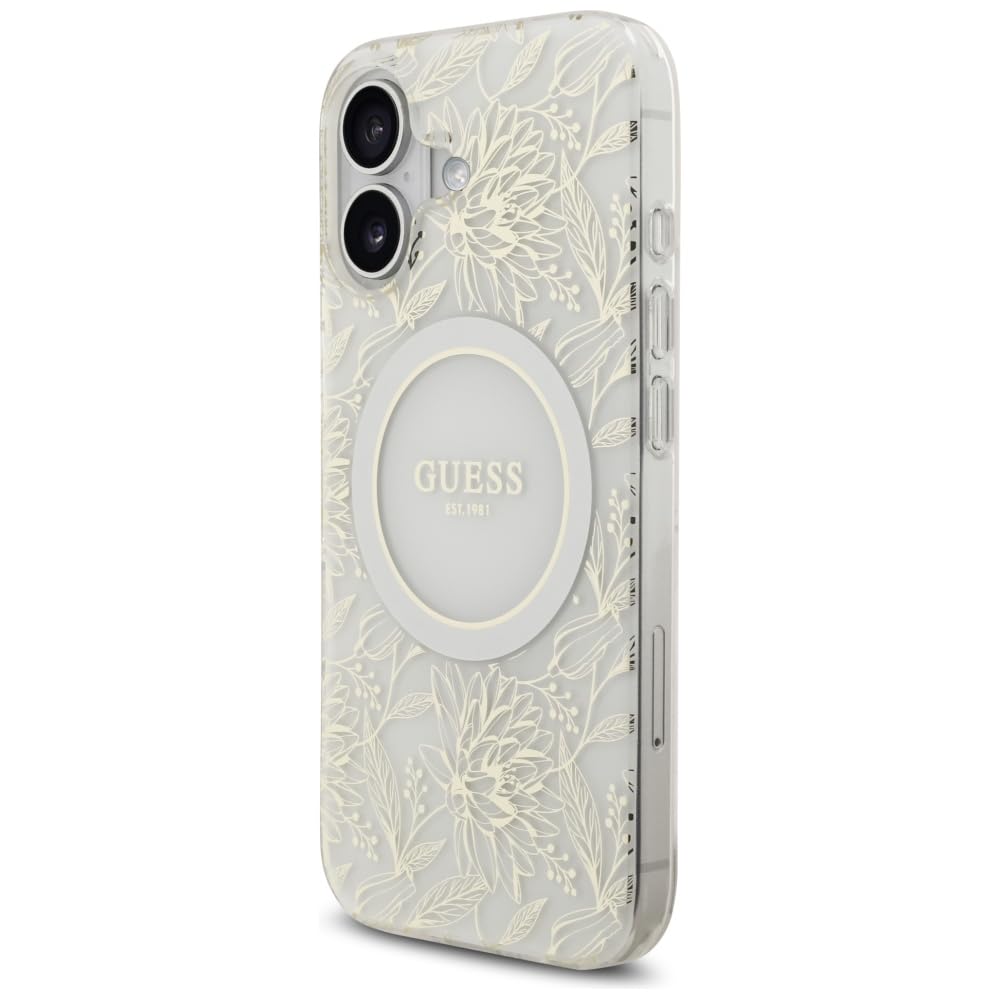 CG Mobile Guess IML Blumen Electro Pearl Armband kompatibel mit MagSafe Hülle für iPhone 17 (Weiß) | MagSafe kompatibel, für iPhone 17