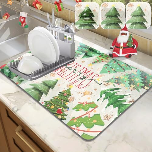 Lokhom CHRISTMAS TREES Drying Mat With Snowflake, Winter Merry Christmas Dish Rack Mat cover