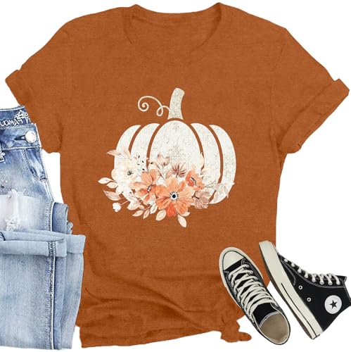 SUWATOIN Halloween T Shirt for Women Pumpkin Leopard Print Tops Shirts Short Sleeve Casual Loose Tee