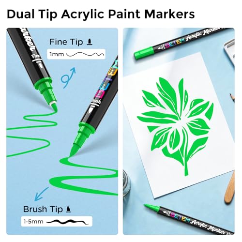 Image of Betem 2 Paint Markers for Glass, Dual Tip Acrylic Paint Pens, Green