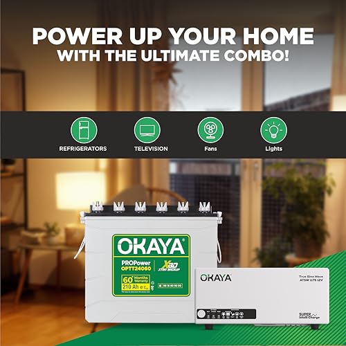 Image of Okaya Inverter with Battery Combo for Home,Office & Shops | ATSW 1175 12V Pure Sine Wave Inverter 925VA with 36 Months Warranty & OPTT24060 210Ah Tall Tubular Battery with 60 Months Warranty