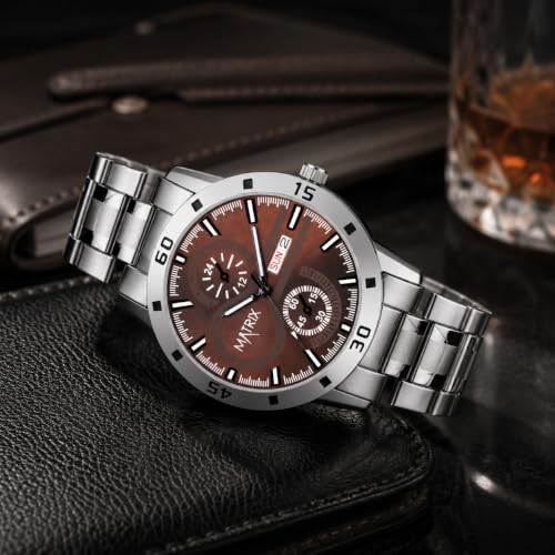 Image of Matrix Superior Analog Watch for Men | Black, Blue, Green & White Dial Stainless Steel Chain Strap Watch | Day & Date Display | Quartz Movement | Stylish Casual & Formal Wrist Watch for Boys & Men