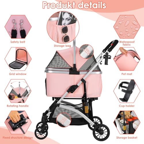 MAMIZO Hundebuggy 3 in1 Hundewagen Hundebox Transporttasche,Faltbar klappbar Katzenwagen,Bis 20kg,4 PCS 360° Verschleißfeste Gummiräder, Ablagekorb, Getränkehalter,für kleine Hunde Katz, Rosa